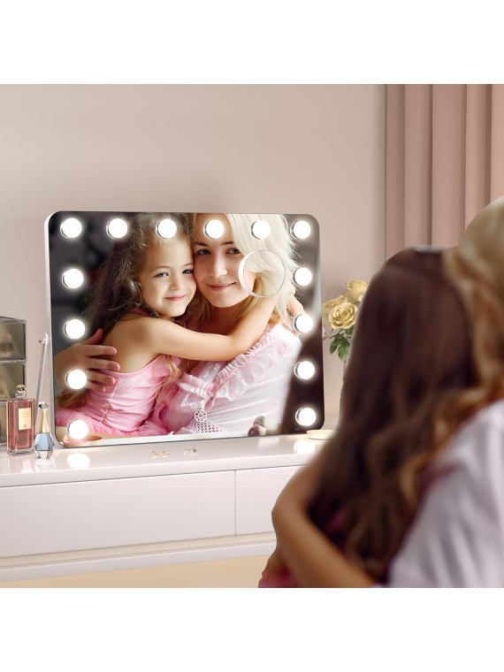 Hollywood Vanity Mirror with Lights, 18" x 14" LED Makeup Mirror, 3 Modes Light, Smart Touch Control Dimmable, 360°Rotation, Rounded Rectangle White Frame, with 5X magnifying glass