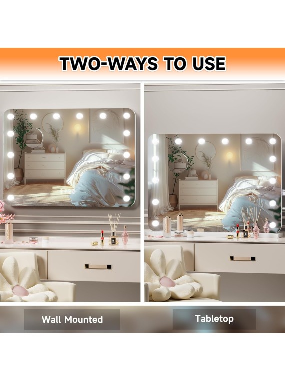 28''X20'' Hollywood Vanity Mirror, Rounded Rectangle White Frame Vanity Mirror with Lights, 3 Color Lighting Modes & Stepless Dimming, USB & Type-C Charging Port, Wall Mounted Or Tabletop