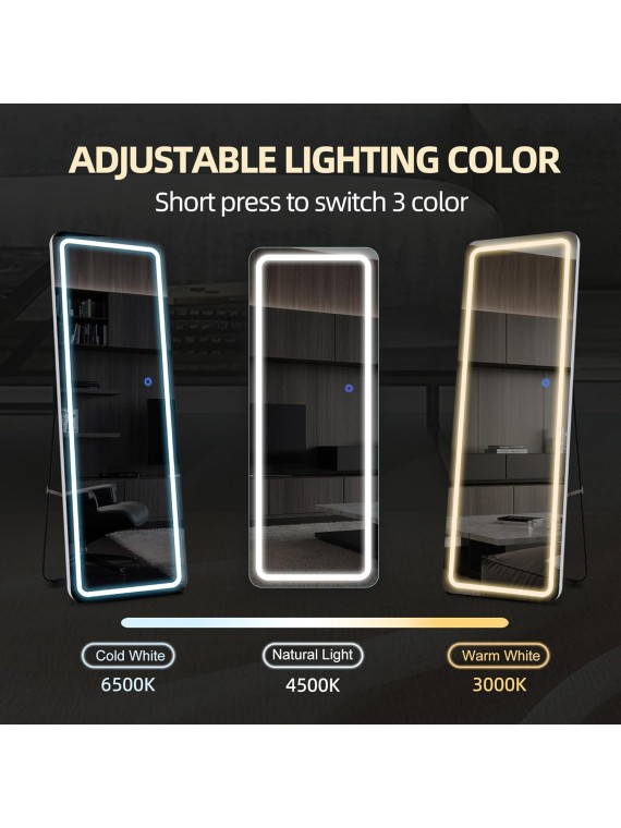 Full Length Mirror with LED Lights, 63"x20" Full Body Mirror, Free Standing & Wall Mounted Hanging Mirror with Light for Bedroom, Aluminum Frame, Dimming & 3 Color Lighting (White)