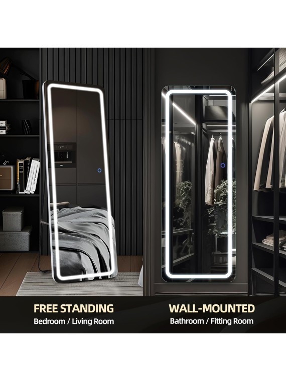 Full Length Mirror with LED Lights, 63"x20" Full Body Mirror, Free Standing & Wall Mounted Hanging Mirror with Light for Bedroom, Aluminum Frame, Dimming & 3 Color Lighting (White)