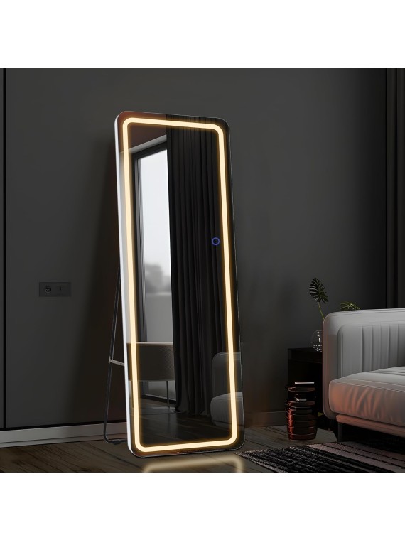 Full Length Mirror with LED Lights, 63"x20" Full Body Mirror, Free Standing & Wall Mounted Hanging Mirror with Light for Bedroom, Aluminum Frame, Dimming & 3 Color Lighting (White)