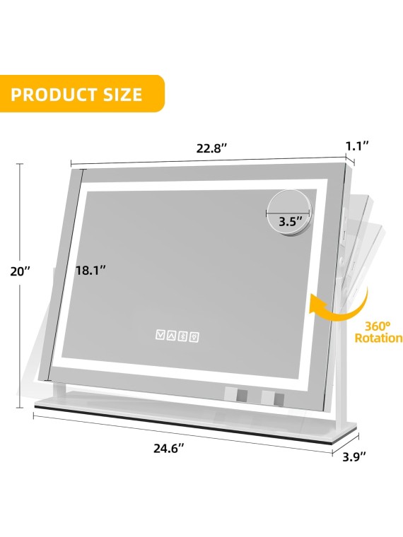 Vanity Mirror with Lights 24.6"x20" LED Lighted Makeup Mirror, Large Makeup Mirror with Lights, Touch Screen with 3-Color Lighting, Led Mirror Makeup, Dimmable, for Vanity Desk Tabletop