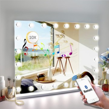 31.5"x 23.6" Vanity Mirror Makeup Mirror with Lights,10X Magnification,Large Hollywood Bluetooth Lighted Vanity Mirror with 15 LED Bulbs & Speaker,3 Color Modes,Touch Control for Wall-Mounted