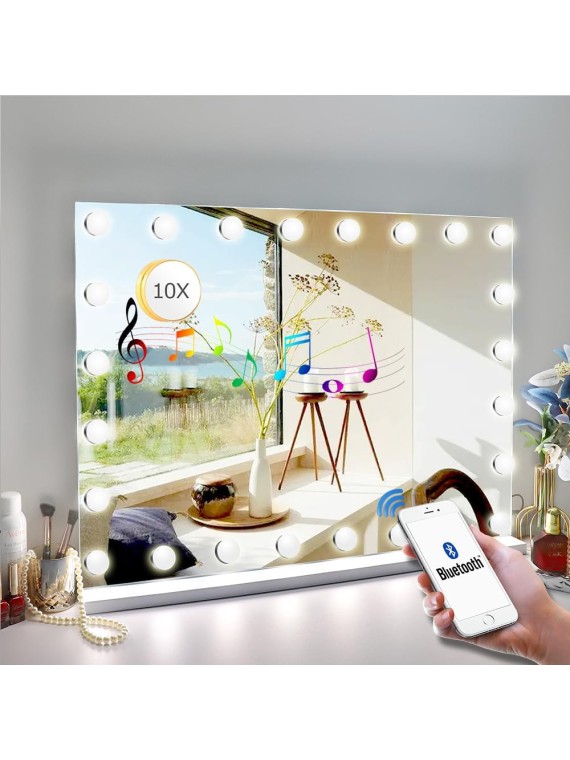 31.5"x 23.6" Vanity Mirror Makeup Mirror with Lights,10X Magnification,Large Hollywood Bluetooth Lighted Vanity Mirror with 15 LED Bulbs & Speaker,3 Color Modes,Touch Control for Wall-Mounted